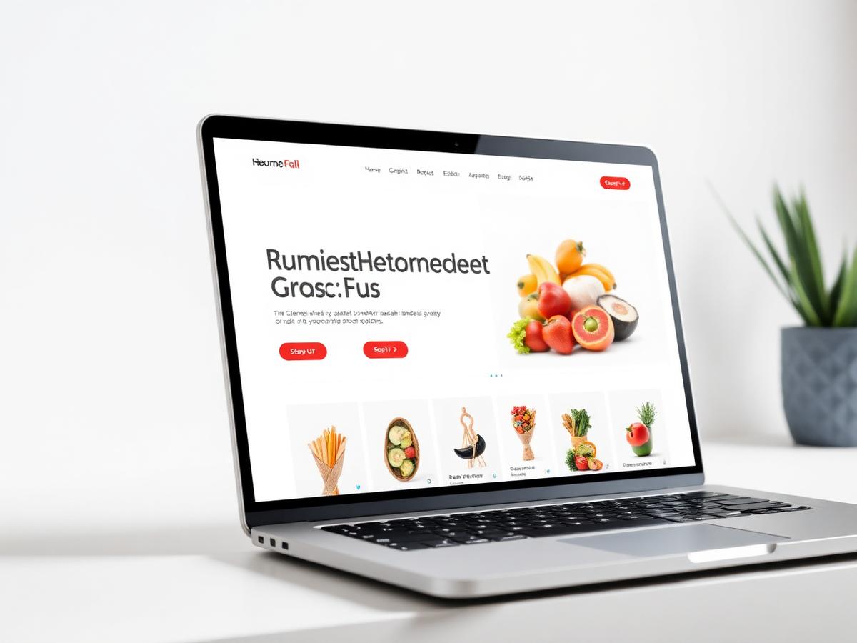 Layout demonstrativo de site de supermercado exibido em um notebook